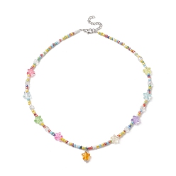 Colorful Glass Seed Beaded Necklaces, Acrylic Star Pendant Necklaces for Women, Colorful, 17.36 inch(44.1cm)