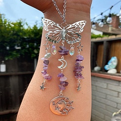 Amethyst Teardrop Glass & Metal Butterfly Pendant Decorations, Hanging Suncatchers, with Natural Amethyst Chips, for Home Decoration, Moon/Star/Sun, 230mm