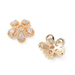 Real 18K Gold Plated Brass with Clear Cubic Zirconia Bead Caps, 5-Petal Flower, Real 18K Gold Plated, 8.5x9x3mm, Hole: 1~1.4mm