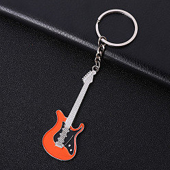 Rouge Orange Porte-clés en alliage de zinc de peinture de cuisson, Avec des anneaux clés, guitare, rouge-orange, 7x2.6 cm