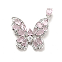 Platinum Brass Micro Pave Clear Cubic Zirconia Pendants, with Pink Glass, Butterfly Charm, Platinum, 27x32x5.5mm, Hole: 5.5x2mm