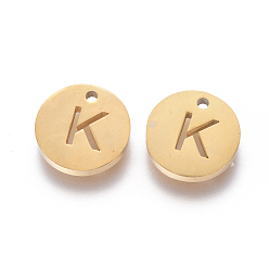 Letter K 304 Stainless Steel Charms, Ion Plating (IP), Flat Round, Letter.K, 10x1.5mm, Hole: 1mm