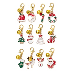Mixed Color Christmas Alloy Enamel Pendants Decorations, with Alloy Lobster Claw Clasps and Brass Bell Charm, Mixed Shapes, Mixed Color, 33~40mm, 12pcs/set
