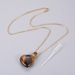 Tiger Eye Natural Tiger Eye Openable Perfume Bottle Pendant Necklaces, with Stainless Steel Cable Chain and Plastic Dropper, Heart, 50~55cm, Bottle Capacity: 0.15~0.3ml(0.005~0.01 fl. oz), 2mm