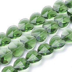 Verde Perlas de vidrio transparentes, facetados, corazón, verde, 14x14x8.5 mm, agujero: 1 mm
