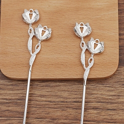 Silver Iron Hair Stick Findings, with Alloy Cabochons Setting, Flower, Silver, 163x28mm, Tray: 10mm