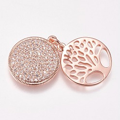 Rose Gold Brass Micro Pave Cubic Zirconia Pendants, Flat Round with Tree of Life, Clear, Rose Gold, 15x2mm, Hole: 3mm