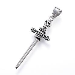 Antique Silver 316 Surgical Stainless Steel Big Pendants, Sword with Skull, Antique Silver, 58x20x7mm, Hole: 7x10mm