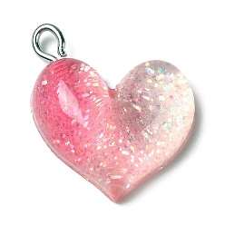 Ярко-Розовый Подвески из прозрачной смолы градиентного цвета, блестящие подвески в виде сердечек, с платиновыми железными петлями, ярко-розовый, 21x19.5x6 мм, отверстие : 3x2 мм