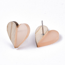 PeachPuff Transparent Resin & Wood Stud Earrings, with 304 Stainless Steel Pin, Heart, PeachPuff, 15x14~15mm, Pin: 0.7mm