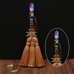 Quartz Balai de sorcière en bois avec pendentifs en quartz synthétique, pour les décorations suspendues de miroir de voiture intérieur, 240~290mm