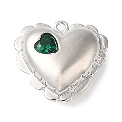 Green Brass Pendants, with Glass, Nickel Free, Heart Charms, Real Platinum Plated, Green, 15.5x16.5x6.5mm, Hole: 1.2mm