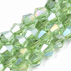 Verde Claro Abalorios de vidrio electrochapa, color de ab chapado, facetados, bicono, verde claro, 7.5~8x7.5~8 mm, agujero: 1.5 mm, sobre 40 unidades / cadena, 11.81 pulgada