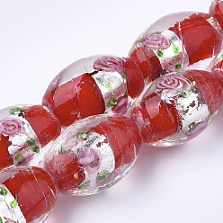 Rouge Argent à la main feuille perles de verre au chalumeau, ovale avec des fleurs, rouge, 16~17x9~11mm, Trou: 1.5~2mm