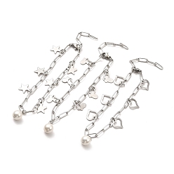 Motifs Mixtes Ccb pearl & 304 bracelet à breloques en acier inoxydable avec chaînes de trombones pour femme, couleur inox, motifs mixtes, pendentif: 8~11.5x10~12x0.6~0.7 mm, 9-1/4 pouce (23.5 cm)