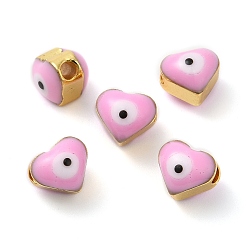 Pink Golden Tone Brass Enamel Beads, Cadmium Free & Lead Free, Long-Lasting Plated, Heart with Evil Eye, Pink, 6x7x6mm, Hole: 2mm