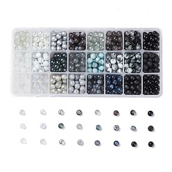 Gray Mixed Style Glass Beads, Round, 24 Colors, Gradient Color, Gray, 8~8.5mm, Hole: 1.3~1.6mm, about 27~30pcs/compartment, 648~720pcs/box