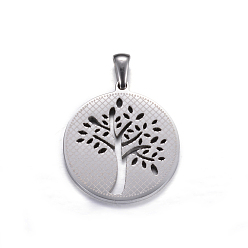 Stainless Steel Color 304 Stainless Steel Pendants, Flat Round with Tree of Life, Stainless Steel Color, 27.5x25x2mm, Hole: 7x3mm