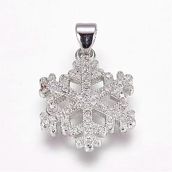 Platinum Brass Micro Pave Cubic Zirconia Pendants, Snowflake, Platinum, 20x15.5x2mm, Hole: 4x5mm