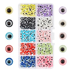 Color mezclado Perlas de resina nbeads, plano y redondo con mal de ojo, color mezclado, 7.5~8x5~5.5 mm, agujero: 1.6 mm, 10 colores, 40 piezas / color, 400 unidades / caja
