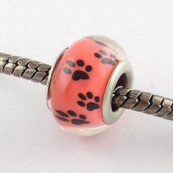 Red Large Hole Dog Paw Prints Pattern Resin European Beads, with Silver Color Plated Brass Double Cores, Rondelle, Red, 14x9~10mm, Hole: 5mm