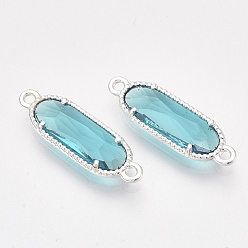 Dark Turquoise Glass Links, with Silver Color Plated Eco-Friendly Alloy Findings, Faceted, Oval, Dark Turquoise, 21x7x3mm, Hole: 1.2mm