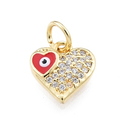Red Brass Micro Pave Clear Cubic Zirconia Charms, with Enamel and Jump Rings, Golden, Heart with Evil Eye, Red, 10x10x2.5mm, Hole: 3mm