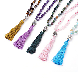 Mixed Stone Tassel Pendant Necklaces, with Natural Gemstone Beads, Buddha Head, 31.1 inch~33 inch(79~84cm)