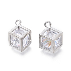 Platinum Hollow Brass Micro Clear Cubic Zirconia Charms, Faceted, Long-Lasting Plated, Cube, Platinum, 14.7x10.4x7.3mm, Hole: 1.5mm