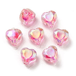 Rosa Oscura Cuentas de acrílico iridiscente arcoíris chapadas en uv, cuenta de dos tonos en cuenta, corazón, de color rosa oscuro, 11x11.5x8 mm, agujero: 3 mm