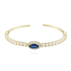 Azul Medio Brazalete abierto con ojo de caballo y circonita cúbica, joyas de latón chapado en oro real 18k para mujer, azul medio, diámetro interior: 1-7/8x2-1/4 pulgada (4.7x5.8 cm)