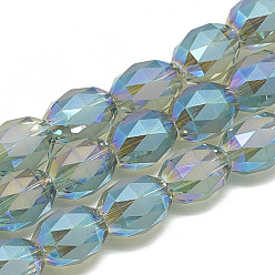 Deep Sky Blue Electroplate Glass Beads Strands, Rainbow Plated, Half Frosted Style, Faceted Oval, Deep Sky Blue, 12~13.5x10mm, Hole: 1.4mm, about 50pcs/strand, 24.4 inch