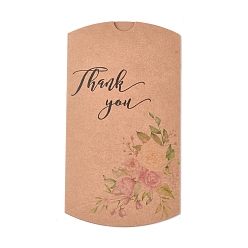 BurlyWood Paper Pillow Boxes, Gift Candy Packing Box, Flower Pattern & Word Thank You, BurlyWood, Box: 12.5x7.6x1.9cm, Unfold: 14.5x7.9x0.1cm