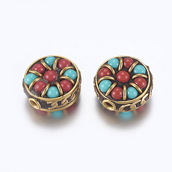 Coloré Perles Indonésiennes manuelles, avec les accessoires en laiton, sans nickel, plat rond, brut (non plaqué), colorées, 15~16.5x9.5~10.5mm, Trou: 2mm