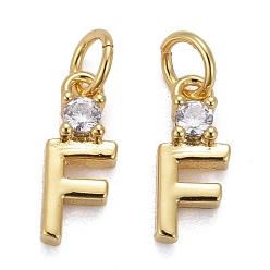 Letter E Brass Micro Pave Clear Cubic Zirconia Pendants, with Jump Rings, Real 18K Gold Plated, Long-Lasting Plated, Letter, Letter.E, 10x3.5x2mm
