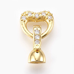 Real 18K Gold Plated Brass Micro Pave Cubic Zirconia Fold Over Clasps, Heart, Clear, Real 18K Gold Plated, 18mm, Inner: 4mm