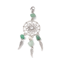 Green Aventurine Natural Green Aventurine Chip Pendant Decoration, Alloy Woven Net/Web with Wing Hanging Ornament, with Natural Cultured Freshwater Pearl, 304 Stainless Steel Lobster Claw Clasps

, 98~100mm