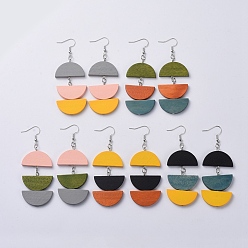 Mixed Color Semicircle Wood Dangle Earrings, with Iron Findings and Brass Earring Hooks, Half Round, Mixed Color, 80mm, Pin: 0.7mm