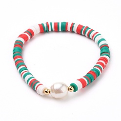 Colorful Polymer Clay Heishi Beads Stretch Bracelets, with Acrylic Imitation Pearl Beads and Brass Beads, Colorful, Inner Diameter: 2-1/4 inch(5.6cm)