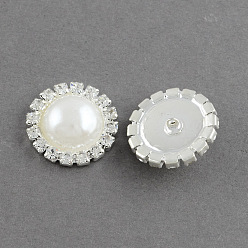 Blanc Boutons dôme / demi-laiton abs en plastique imitation perle, avec un cristal strass qualité, 1-trou, couleur argentée couleur métal plaqué, blanc, 16x5mm, Trou: 1mm