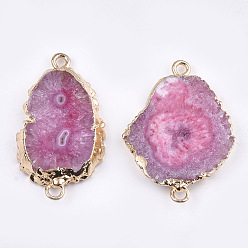Hot Pink Electroplate Natural Druzy Agate Links connectors, with Iron Findings, Dyed, Golden, Hot Pink, 30~45x15~35x3~7.5mm, Hole: 2mm