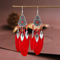 Crimson Feather Chandelier Earrings, Antique Silver Plated Alloy Jewelry for Women, Crimson, 110x22mm