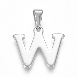Letter W 304 Stainless Steel Pendants, Stainless Steel Color, Initial Letter.W, 19x21x1.8mm, Hole: 3x7mm