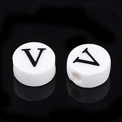 Letter V Perles en porcelaine manuelles, trou horizontal, plat rond avec la lettre, blanc, letter.v, 8~8.5x4.5mm, Trou: 2mm