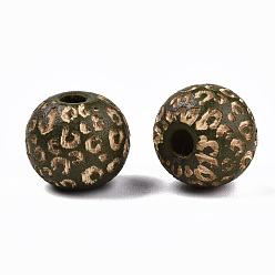 Dark Olive Green Painted Natural Wood Beads, Laser Engraved Pattern, Round with Leopard Print, Dark Olive Green, 10x8.5mm, Hole: 2.5mm