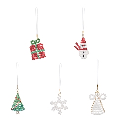 Mixed Shapes Christmas Glass Seed Beaded Pendant Decorations, Braided Nylon Thread Hanging Ornaments, Mixed Shapes, 110~128mm, 5pcs/set