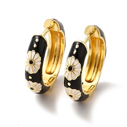 Black Daisy Flower Enamel Hoop Earrings, Real 18K Gold Plated Brass Jewelry for Women, Lead Free & Cadmium Free, Black, 19x4.5x19.5mm, Pin: 1mm