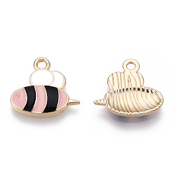 Pink Light Gold Plated Alloy Pendants, with Enamel, Bees, Pink, 16x17x2.5mm, Hole: 1.8mm