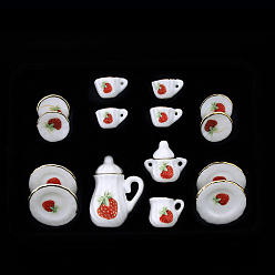 Клубника Фарфоровый мини-чайный сервиз, включая чайники 2шт., 5чайные чашки, 8шт посуда, для аксессуаров для кукольного домика, притворяясь опорными украшениями, Клубничный узор, 121x86x25 мм, 15 шт / комплект