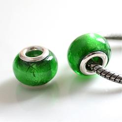 Green Handmade Silver Foil Glass European Beads, with Silver Color Plated Brass Cores, Rondelle, Green, 14x10mm, Hole: 5mm